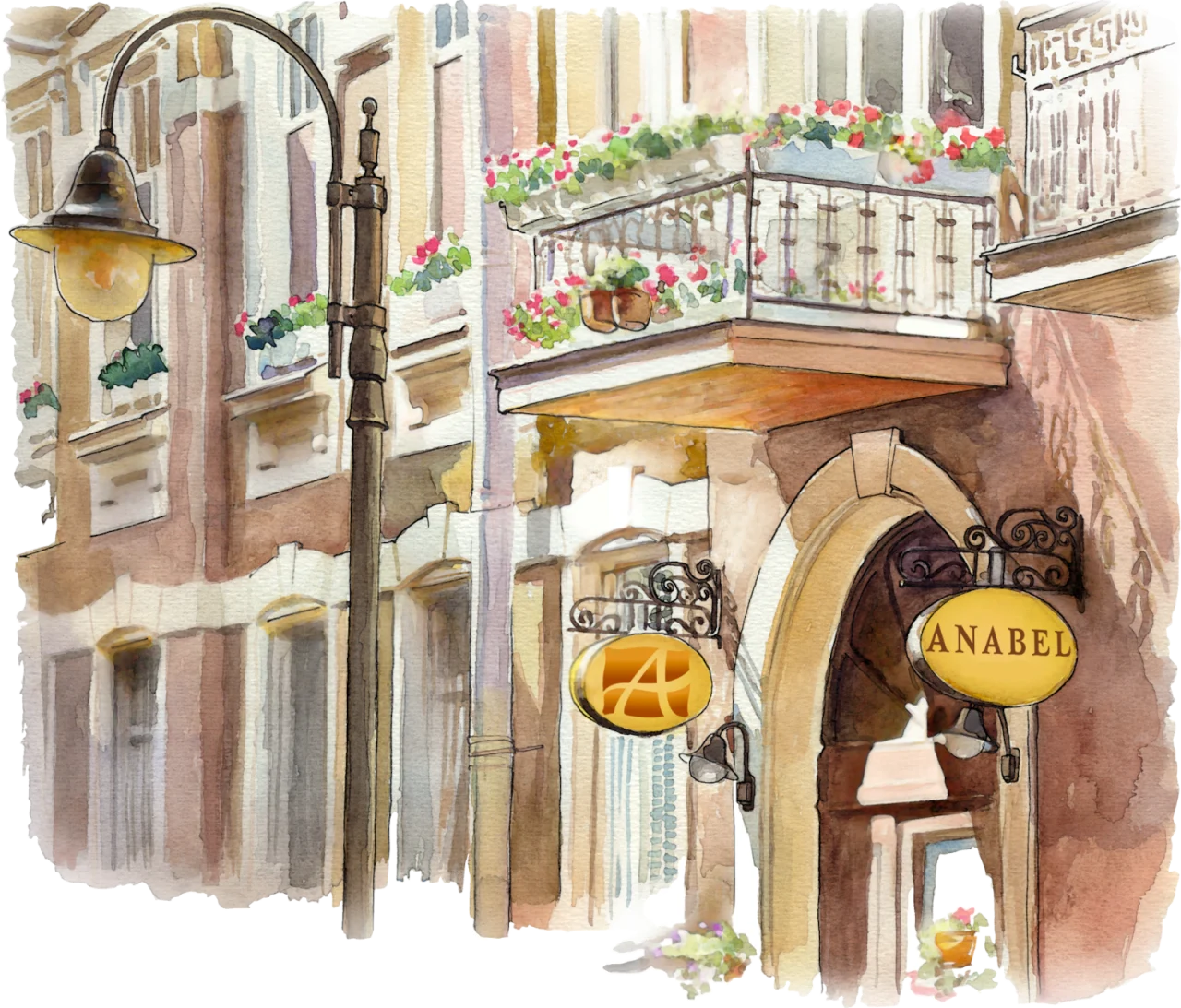 Watercolour of the Anabel facade and entrance on Nevsky Prospekt